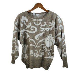 Vintage 90s Pullover Sweater size Medium Cottagecore Floral Wool Blend Tan White